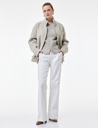 Fermuarlı Cepli Dik Yaka Uzun Kollu Oversize Kaşe Bomber Mont