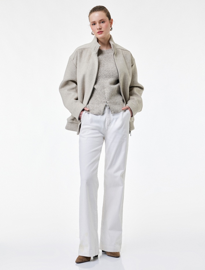  Fermuarlı Cepli Dik Yaka Uzun Kollu Oversize Kaşe Bomber Mont