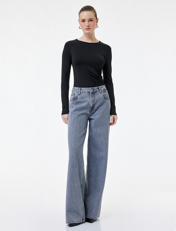  Slim Fit Uzun Kollu Bisiklet Yaka Metal Aksesuarlı Tişört