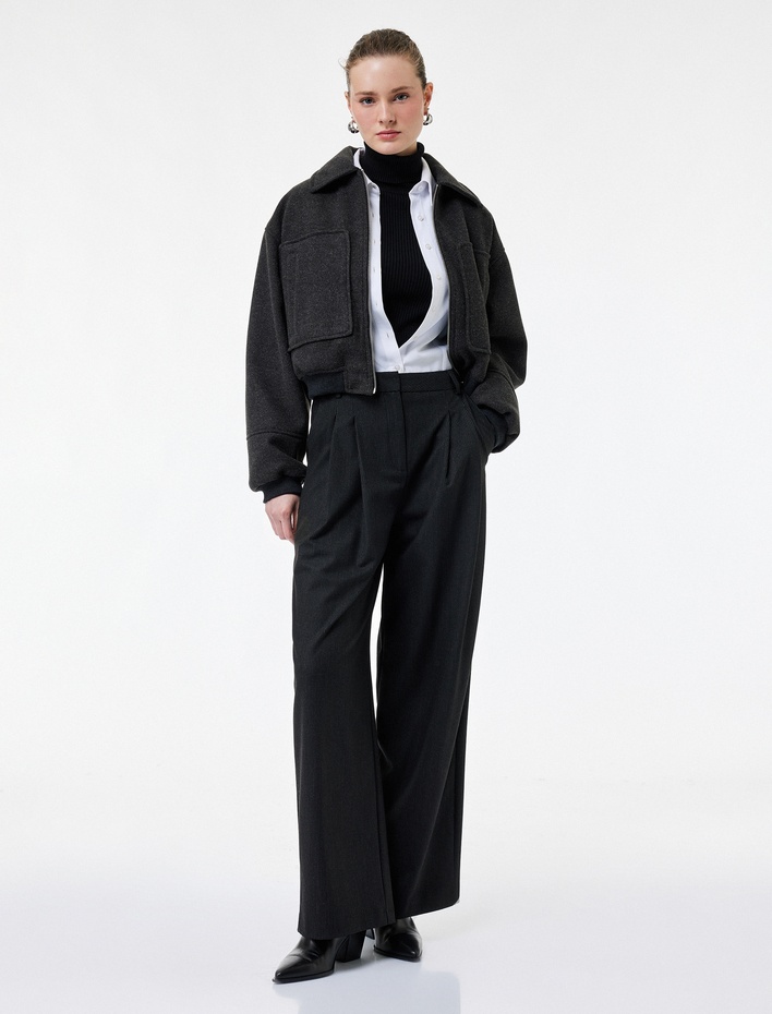  Uzun Kollu Fermuarlı Cepli Crop Kaşe Bomber Ceket