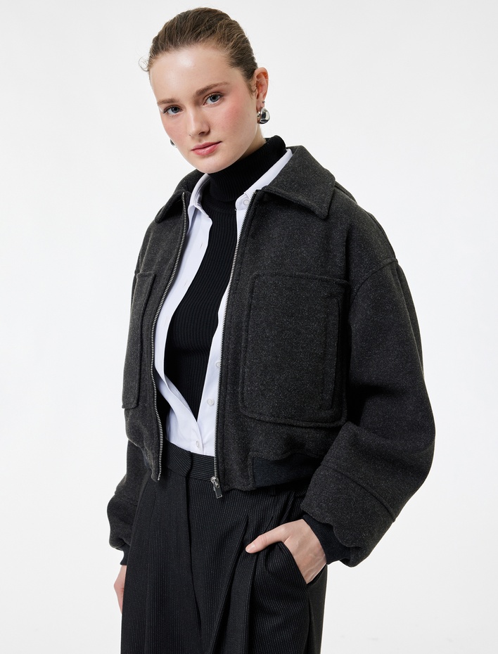  Uzun Kollu Fermuarlı Cepli Crop Kaşe Bomber Ceket