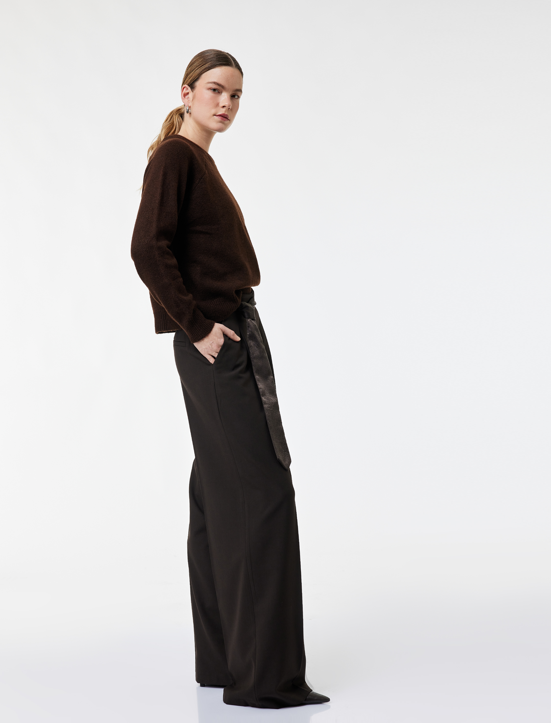   Cepli Kuşak Kemer Detaylı Geniş Paça Palazzo Pantolon