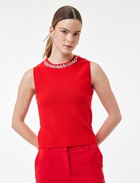 Bisiklet Yaka Kolsuz Taşlı Triko Bluz