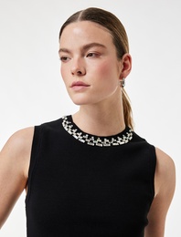 Bisiklet Yaka Kolsuz Taşlı Triko Bluz