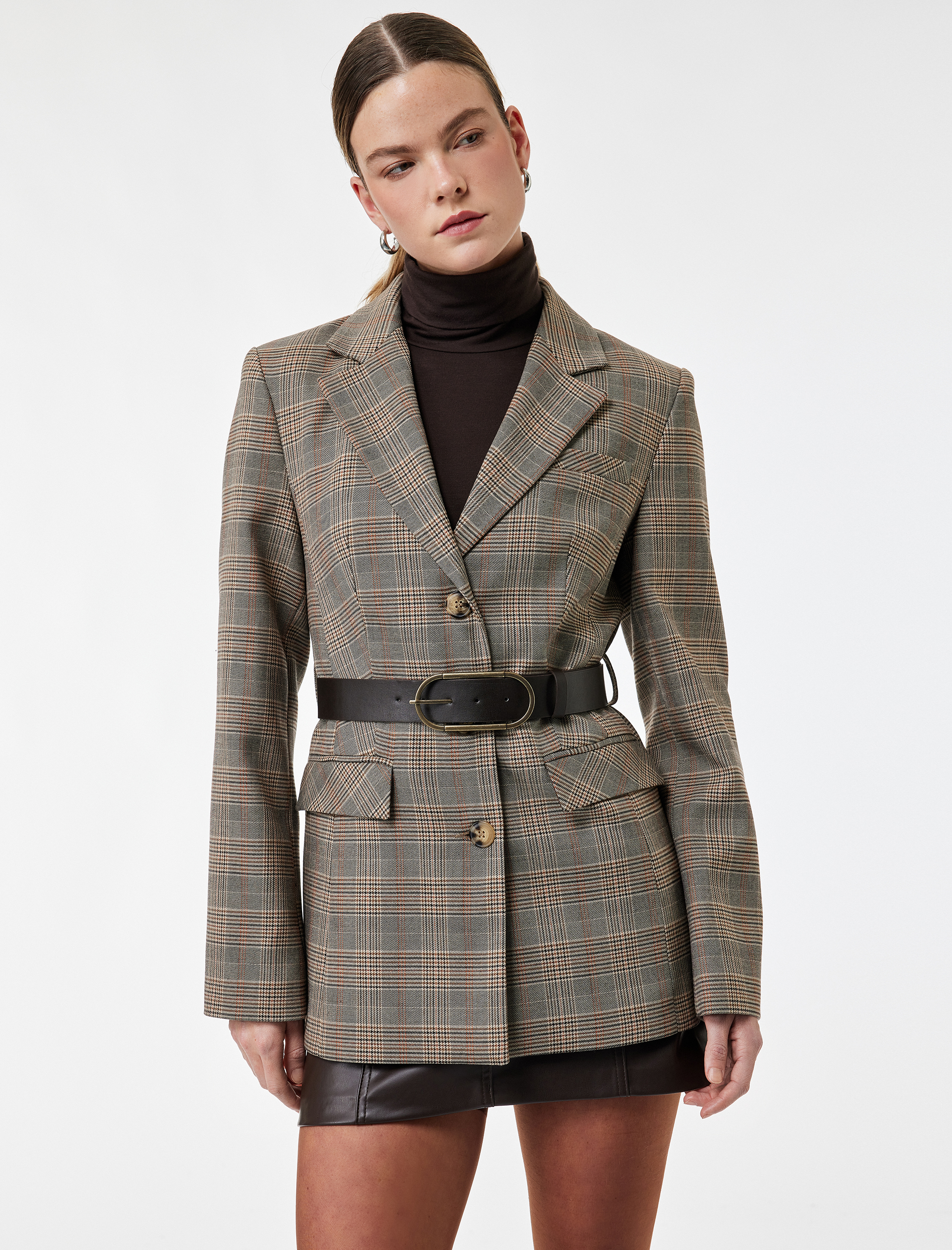   Cepli Uzun Kollu Kemerli Ekose Blazer Ceket