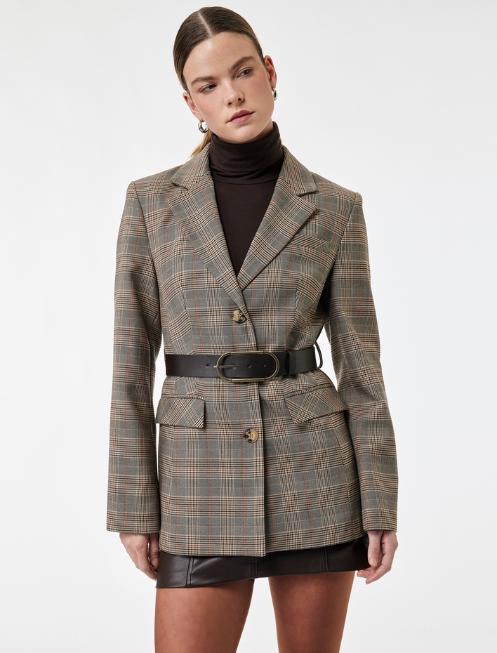  Cepli Uzun Kollu Kemerli Ekose Blazer Ceket