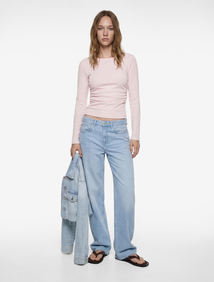  Pamuklu Slim Fit Uzun Kollu Yuvarlak Kayık Yaka Tişört