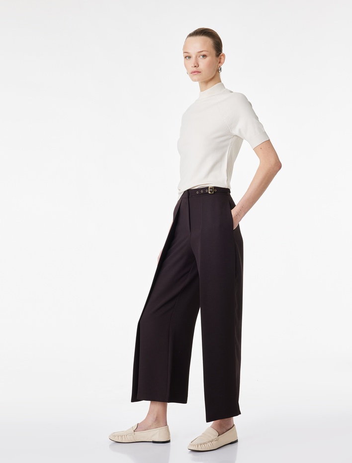  Krep Kumaş Kemerli Uzun Geniş Düz Paça Kapaklı Kumaş Pantolon