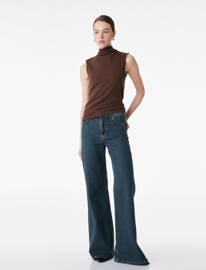  Slim Fit Pamuklu Kolsuz Dik Yaka Bluz