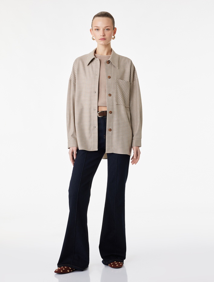  Uzun Kollu Cep Detaylı Oversize Ekose Gömlek Ceket