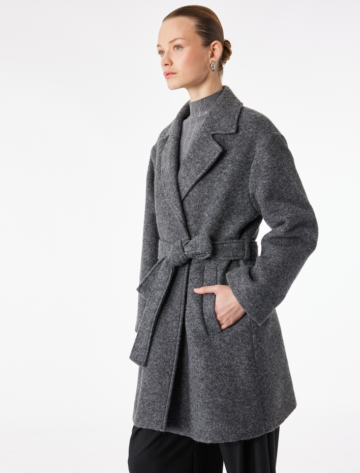  Alpaka Yün Karışımlı Uzun Kollu Cepli Kemerli Buklet Kaban