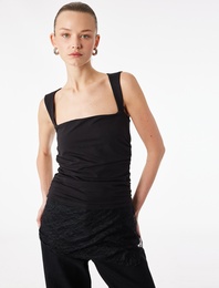 Pamuklu Slim Fit Drape Detaylı Kare Yaka Kolsuz Bluz