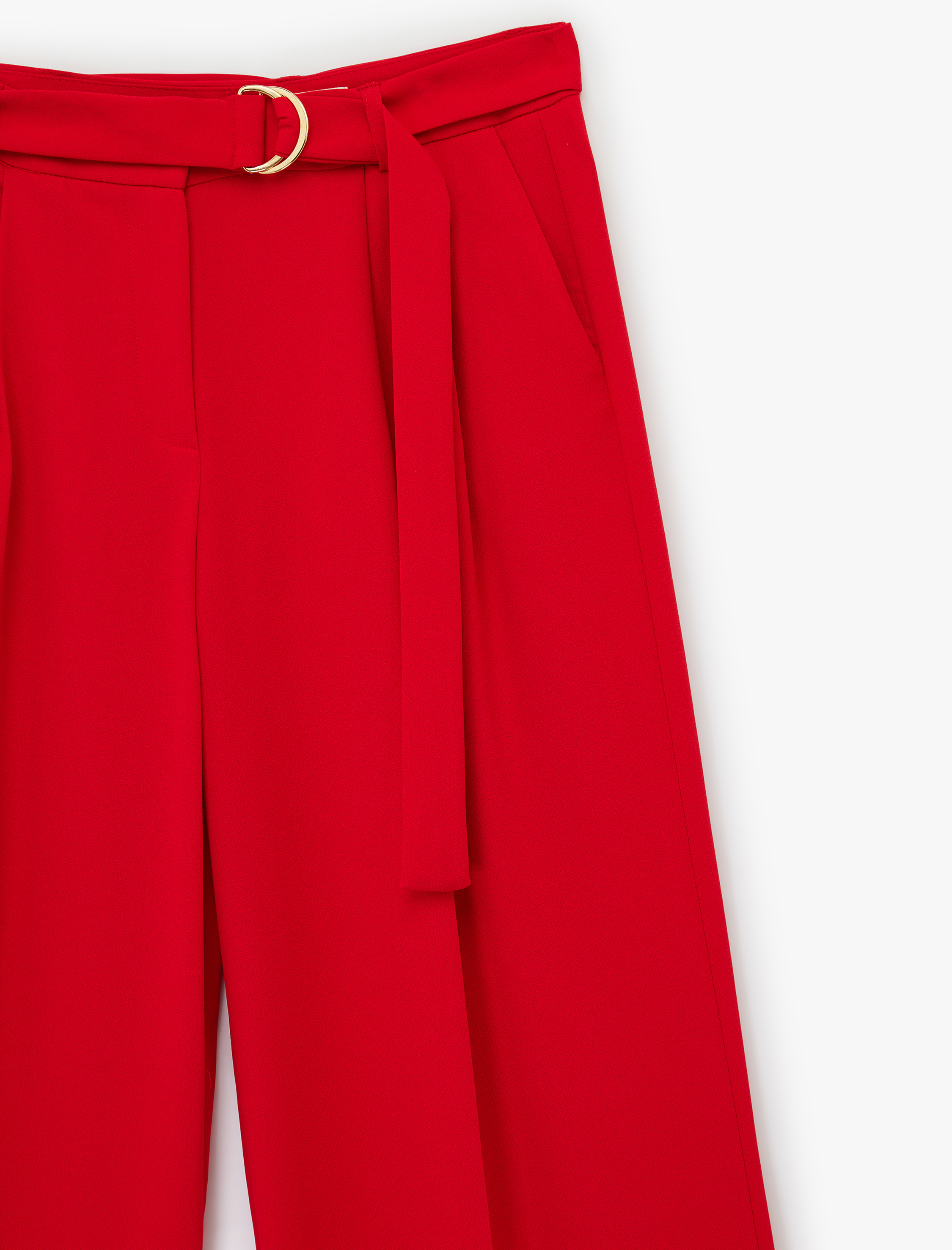 Krep Kumaş Cepli Pile Detaylı Bol Paça Kemerli Pantolon - Görsel 5