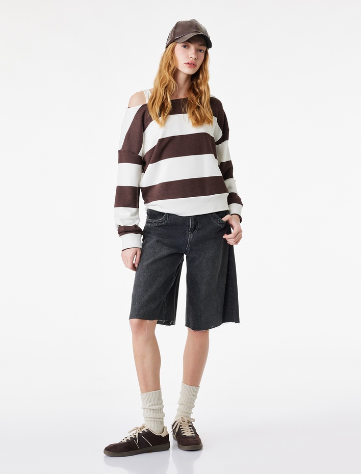  Slim Fit Uzun Kollu Bisiklet Yaka Modal Karışımlı Çizgili Tişört