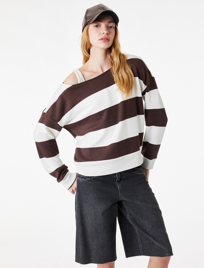  Slim Fit Uzun Kollu Bisiklet Yaka Modal Karışımlı Çizgili Tişört