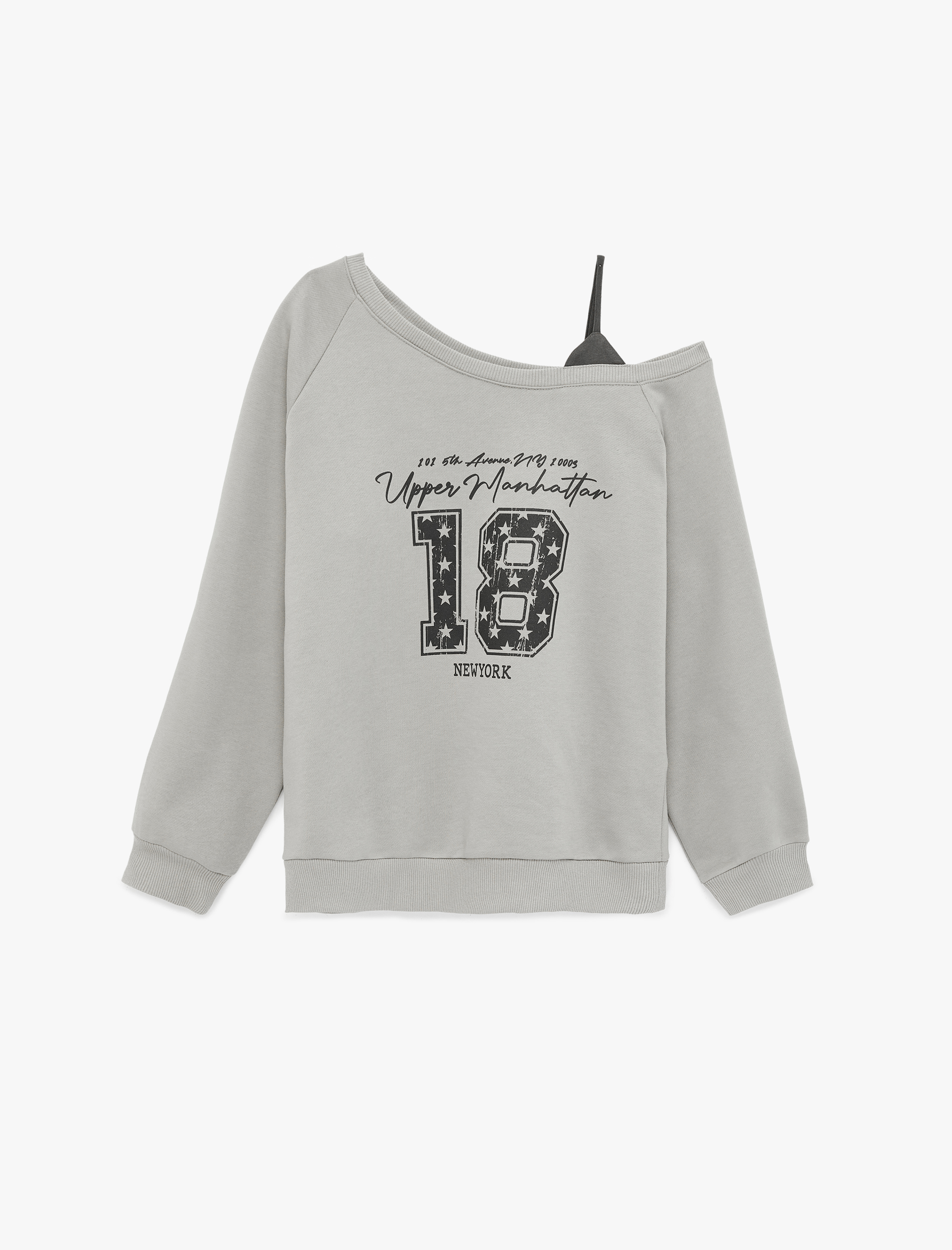   Rahat Kalıp Üç İplik Uzun Kollu Asimetrik Yaka Omzu Açık Baskılı Sweatshirt