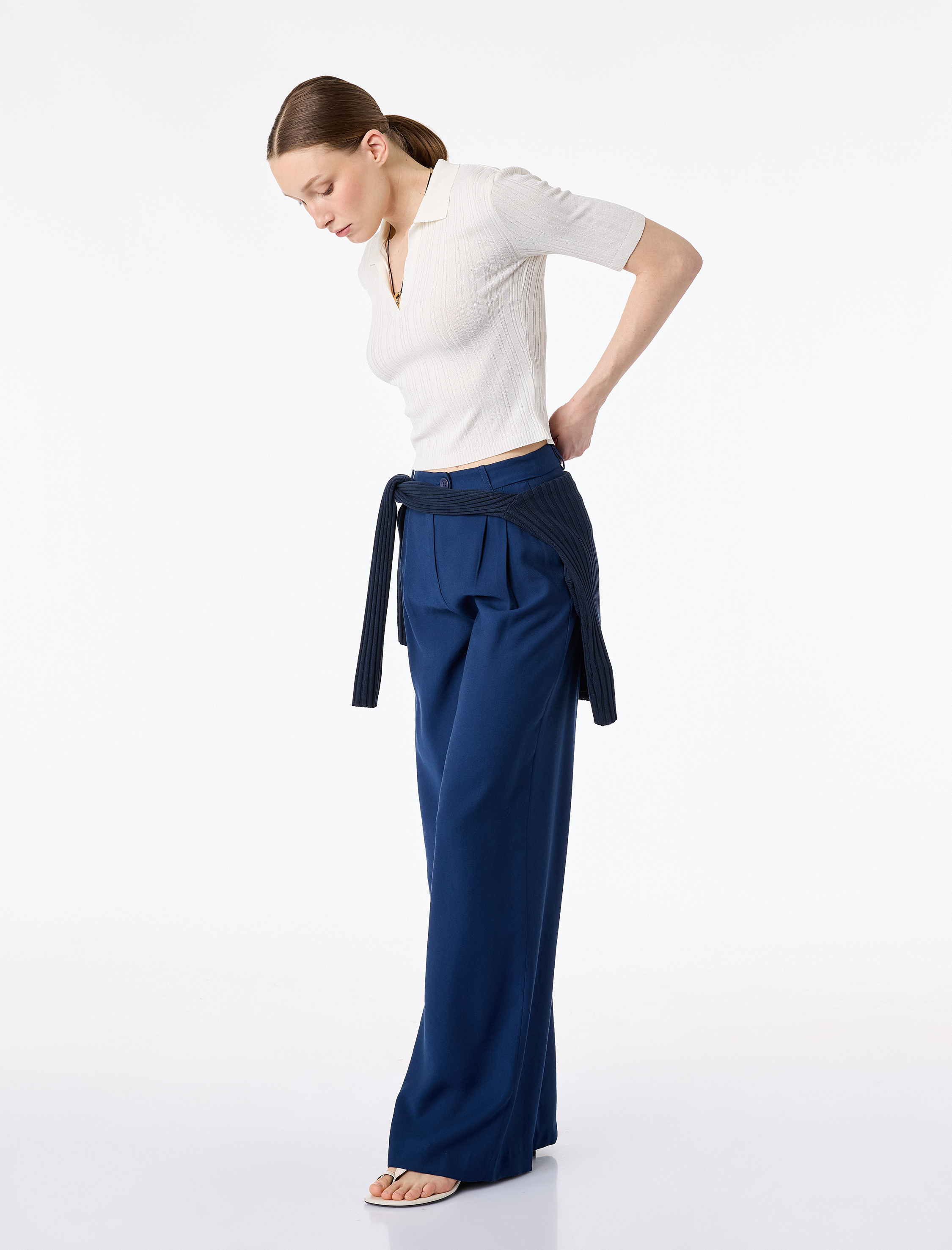   Pile Detaylı Cepli Geniş Paça Yüksek Bel Palazzo Pantolon