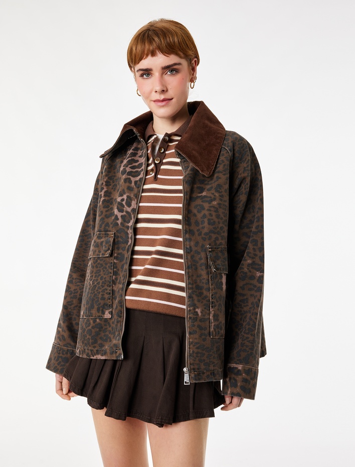  Rahat Kalıp Klasik Kadife Yaka Pamuklu Fermuarlı Cepli Leopar Ceket