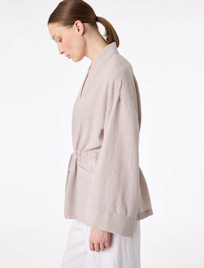  Keten Görünümlü Geniş 3/4 Kol Cepli Önden Bağlama Detaylı Kimono