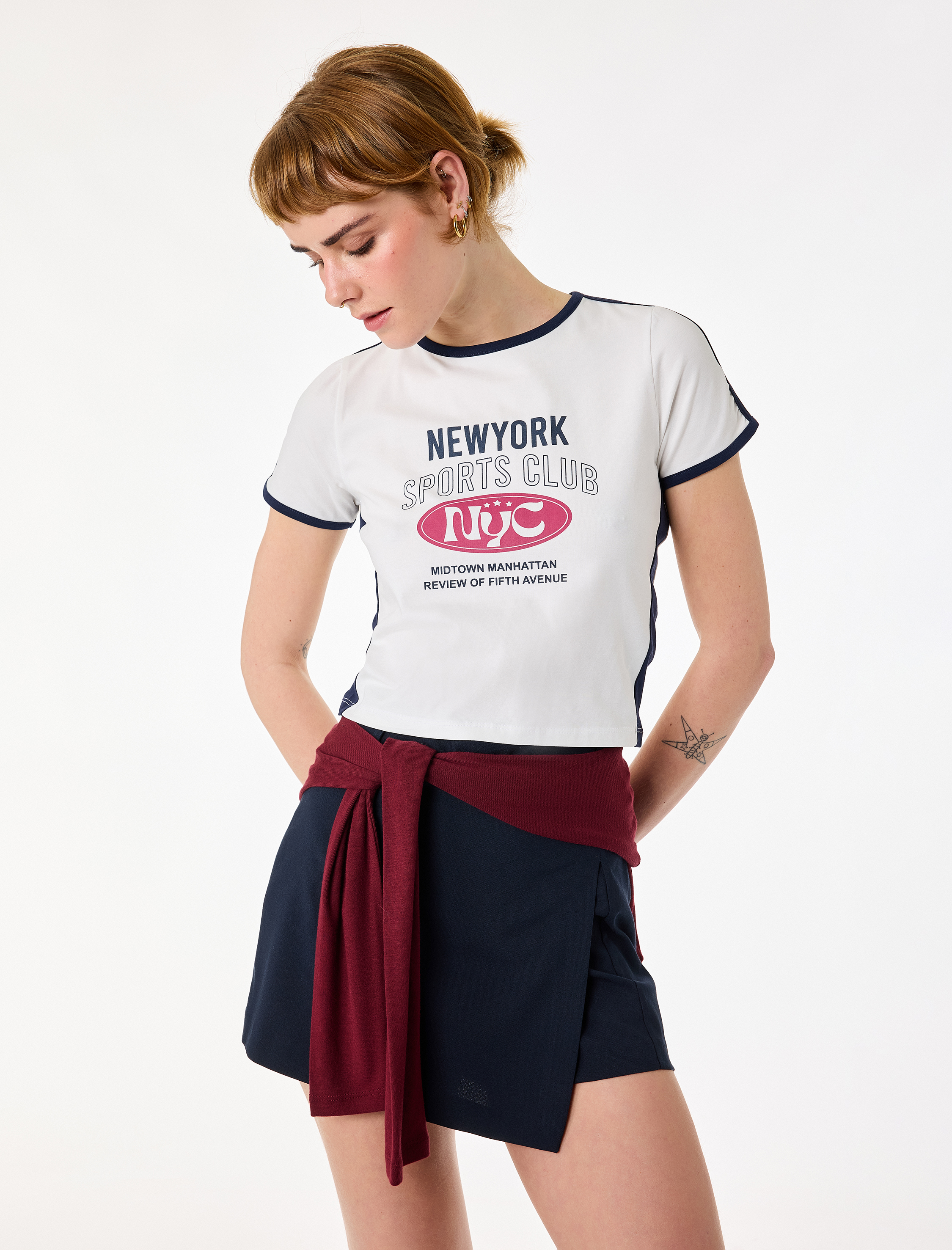   Slim Fit Baskılı Bisiklet Yaka Kısa Kollu Spor Crop Tişört