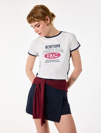 Slim Fit Baskılı Bisiklet Yaka Kısa Kollu Spor Crop Tişört