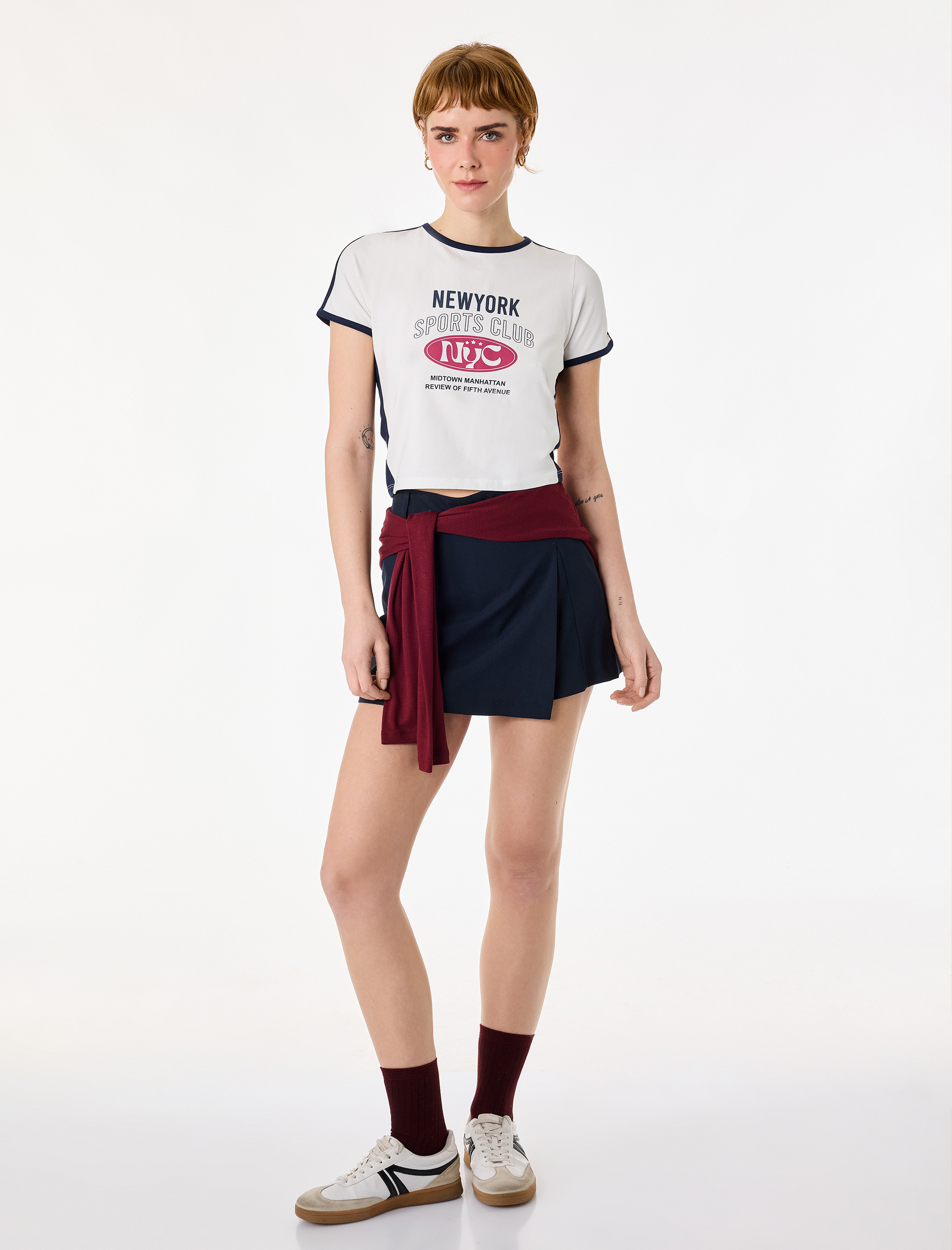   Slim Fit Baskılı Bisiklet Yaka Kısa Kollu Spor Crop Tişört