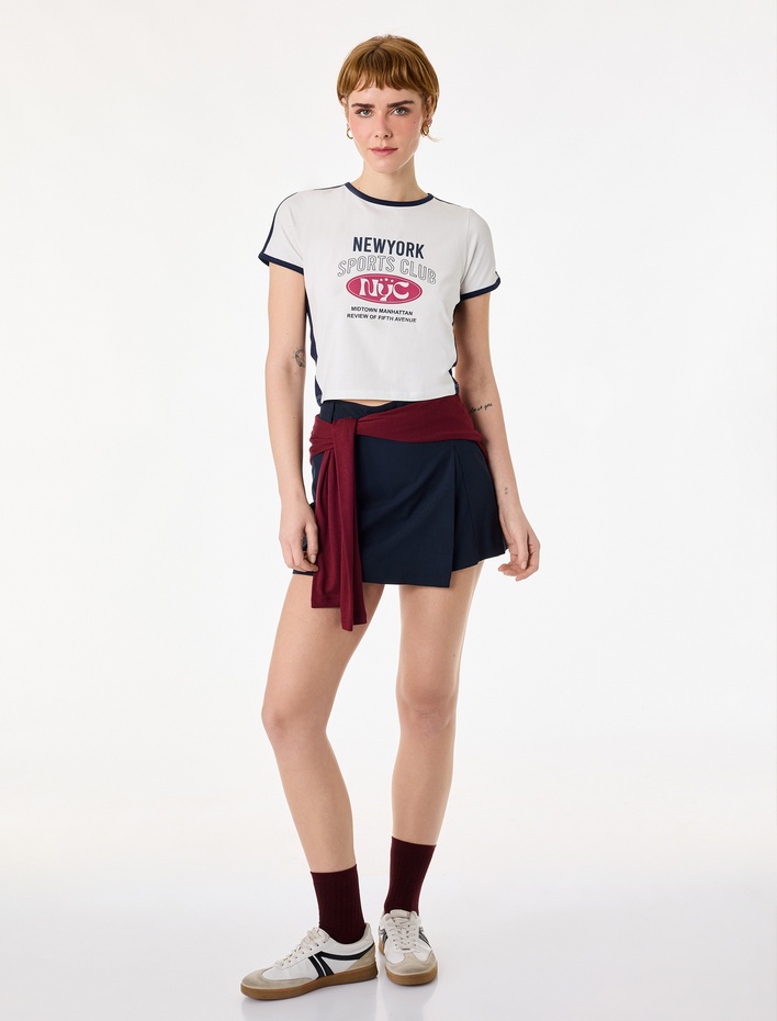  Slim Fit Baskılı Bisiklet Yaka Kısa Kollu Spor Crop Tişört