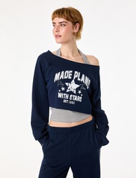 Rahat Kalıp Uzun Kollu Boyundan Bağlama Detaylı Crop Baskılı Sweatshirt