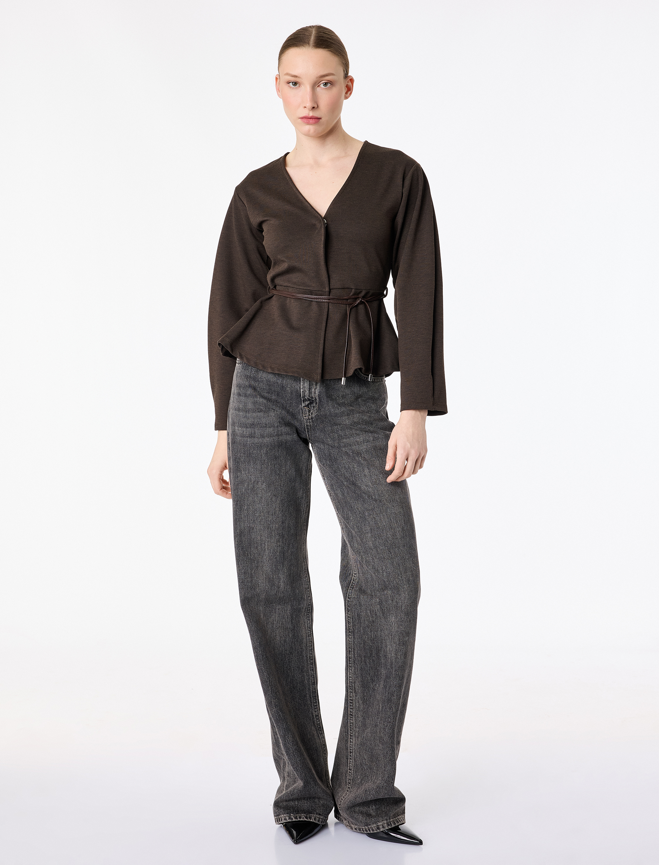   Slim Fit Uzun Kollu Peplum Kesim Kemerli Hırka