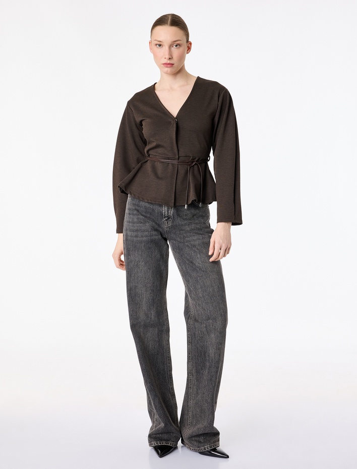  Slim Fit Uzun Kollu Peplum Kesim Kemerli Hırka