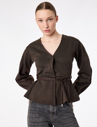 Slim Fit Uzun Kollu Peplum Kesim Kemerli Hırka