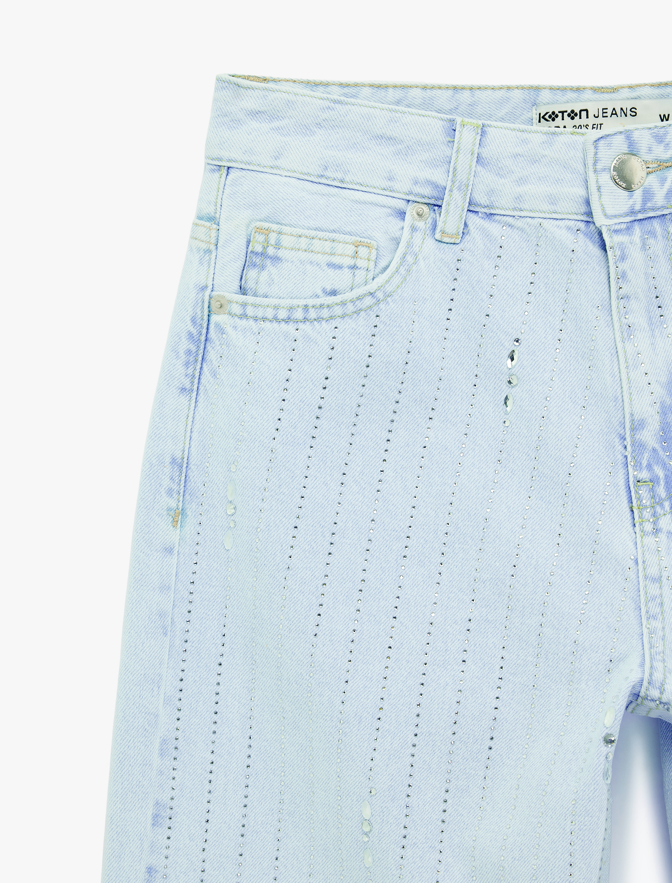   Uzun Düz Paça Normal Bel Cepli Düğmeli Taşlı Denim Pantolon - Longer Straight Fit Jean