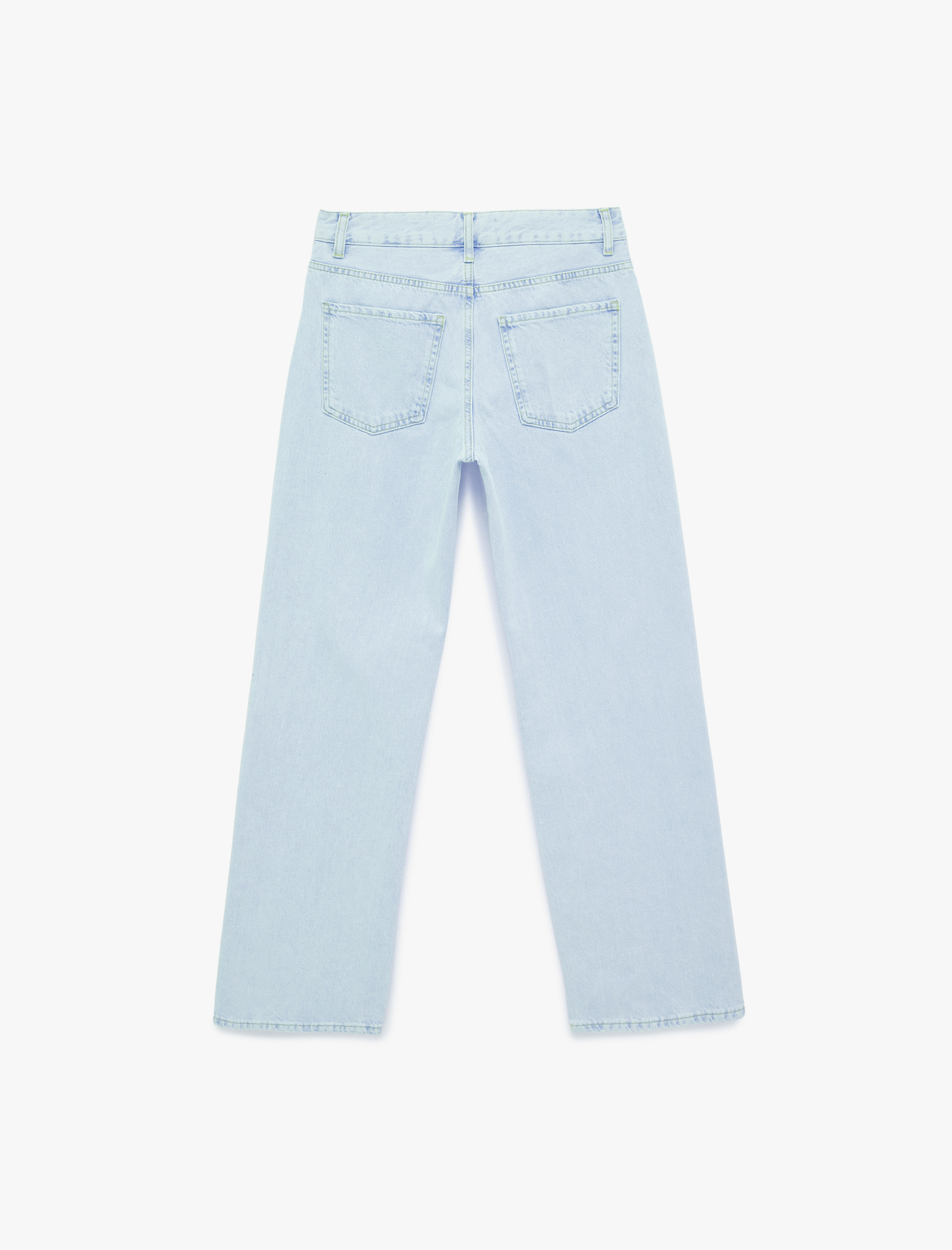   Uzun Düz Paça Normal Bel Cepli Düğmeli Taşlı Denim Pantolon - Longer Straight Fit Jean