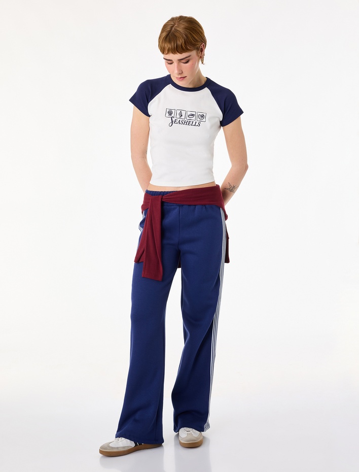  Bisiklet Yaka Kısa  Reglan Kollu Pamuklu Marin Baskılı Tişört