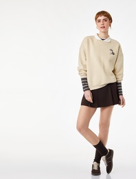 Rahat Kalıp Kedi Nakışlı Uzun Kollu Polo Yaka Sweatshirt