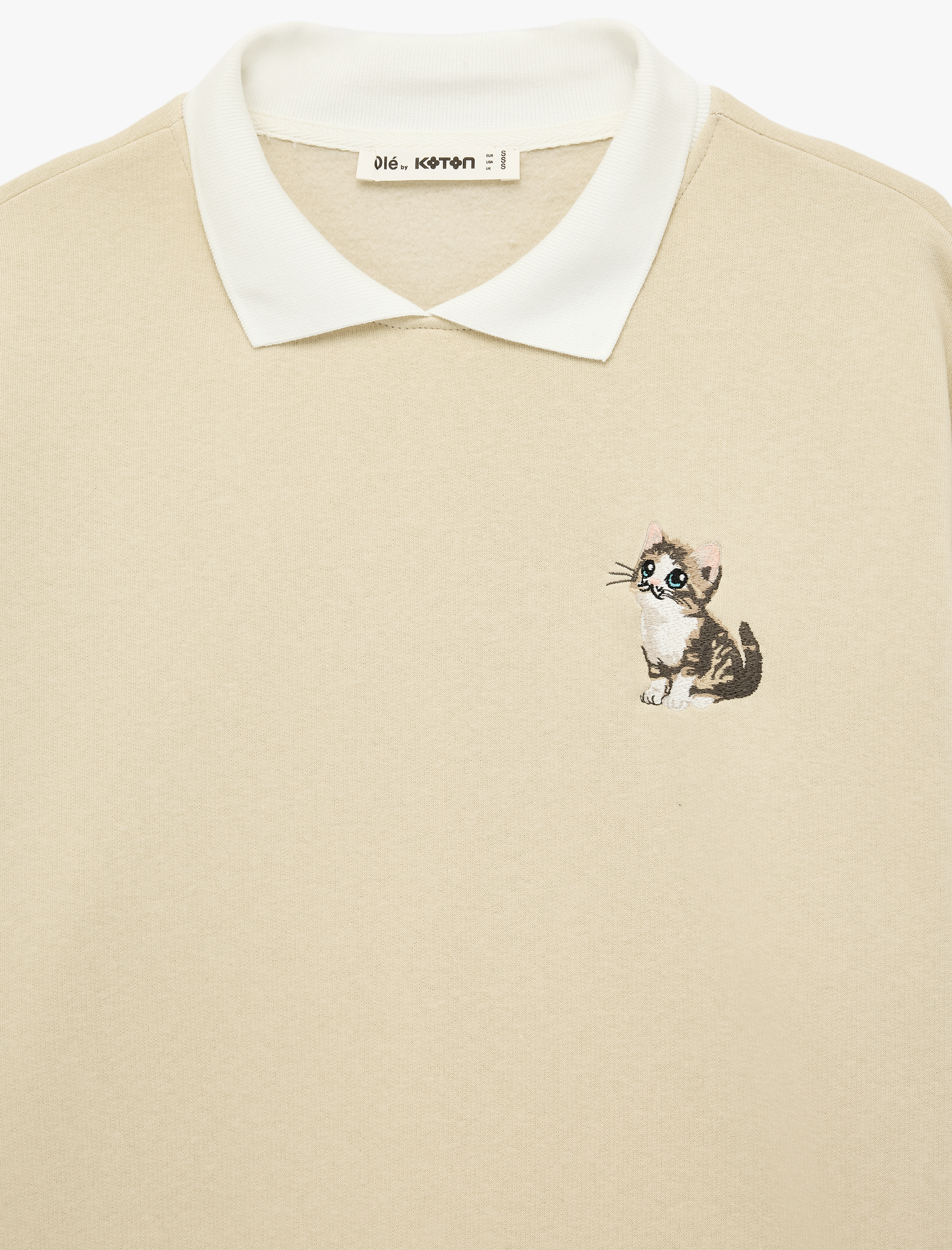   Rahat Kalıp Kedi Nakışlı Uzun Kollu Polo Yaka Sweatshirt