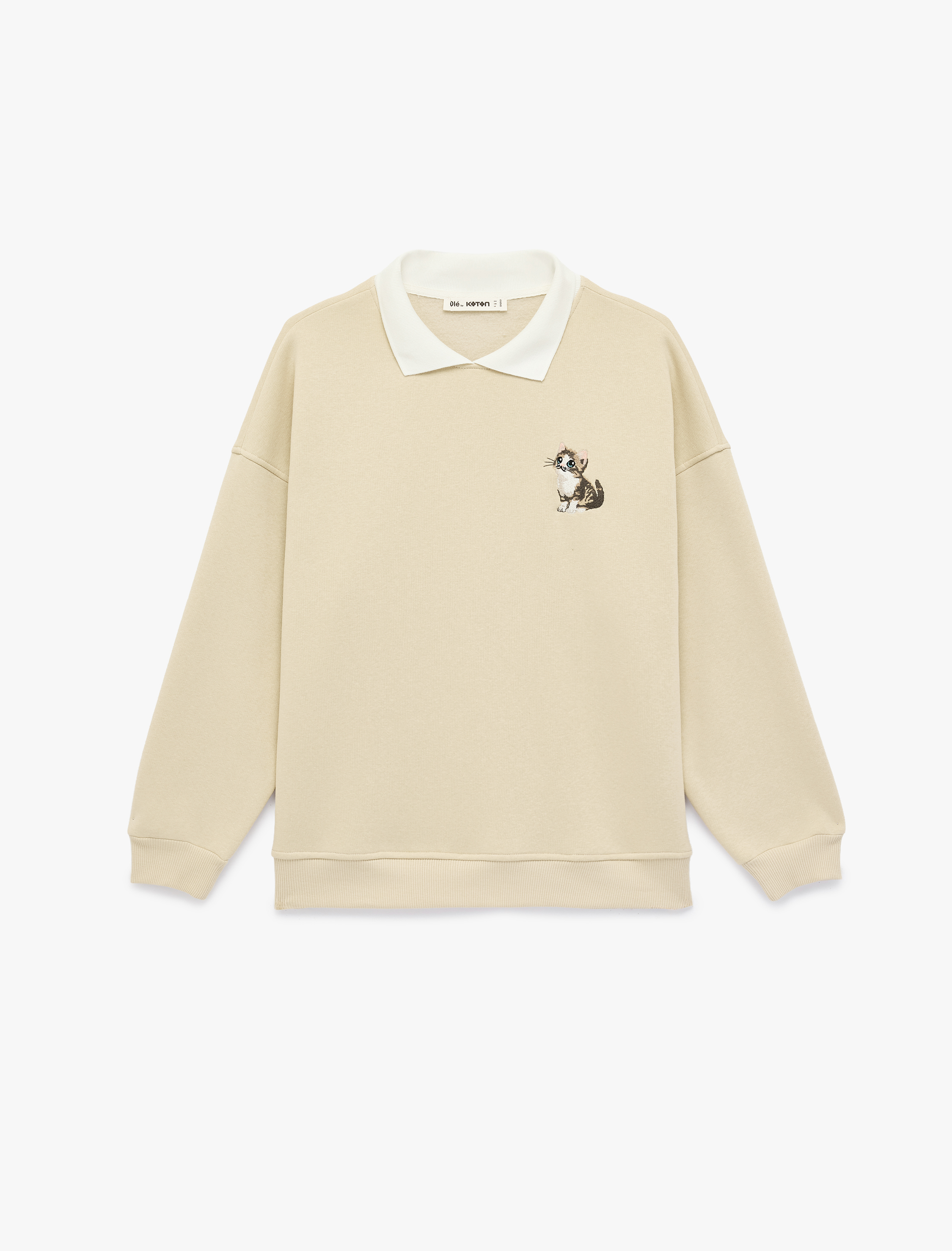   Rahat Kalıp Kedi Nakışlı Uzun Kollu Polo Yaka Sweatshirt