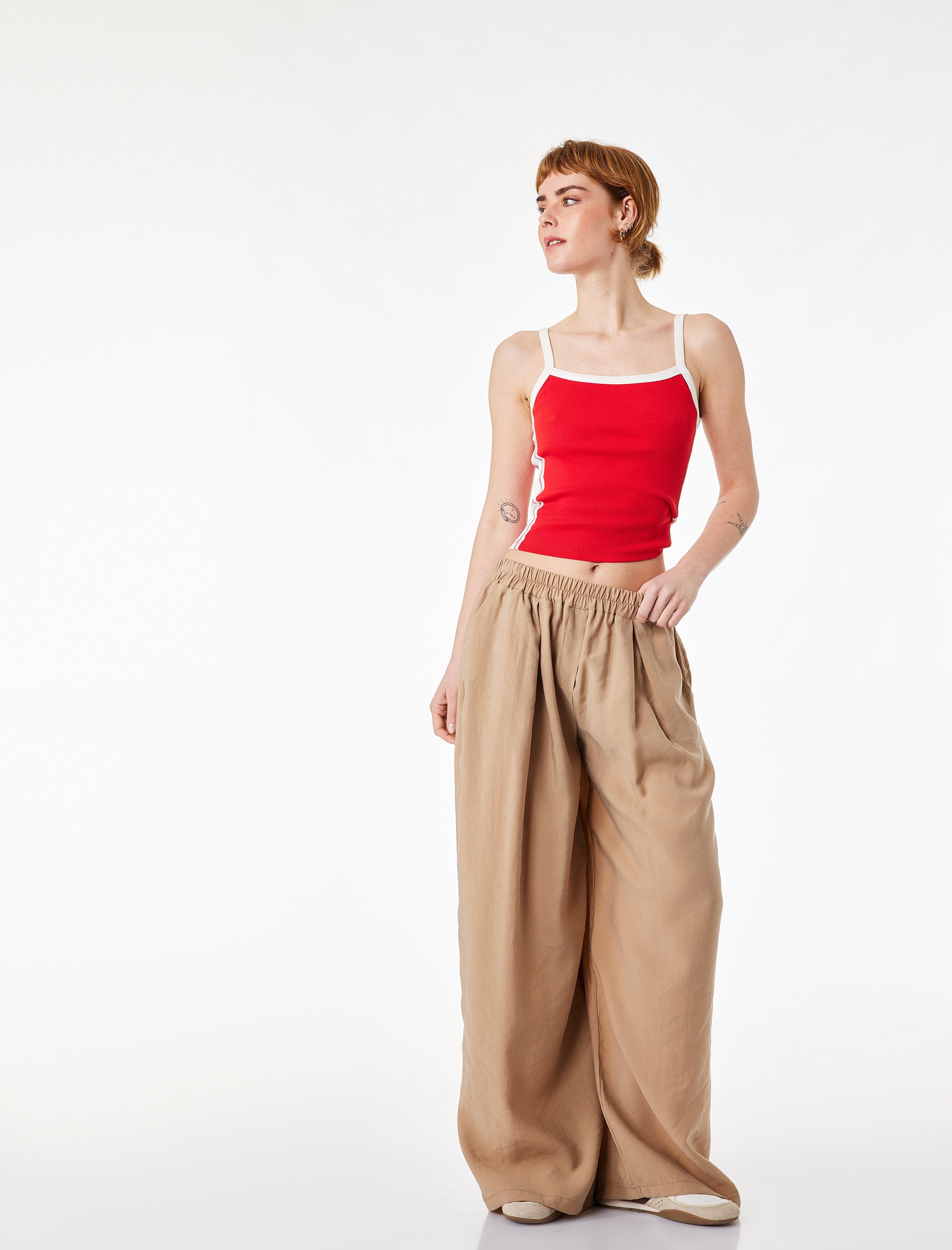   Beli Lastikli Cepli Rahat Kalıp Pileli Geniş Paça Pantolon