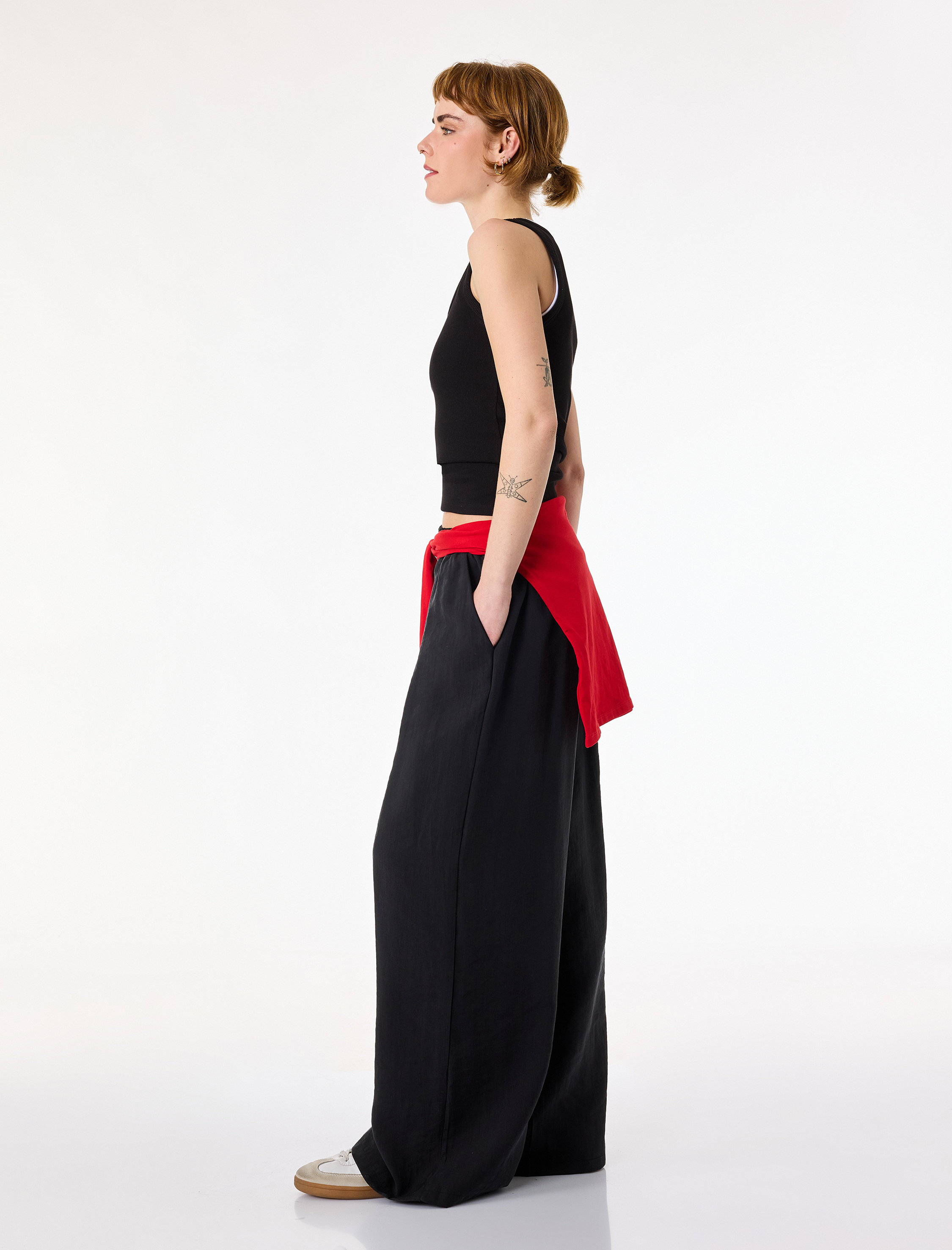   Beli Lastikli Cepli Rahat Kalıp Pileli Geniş Paça Pantolon