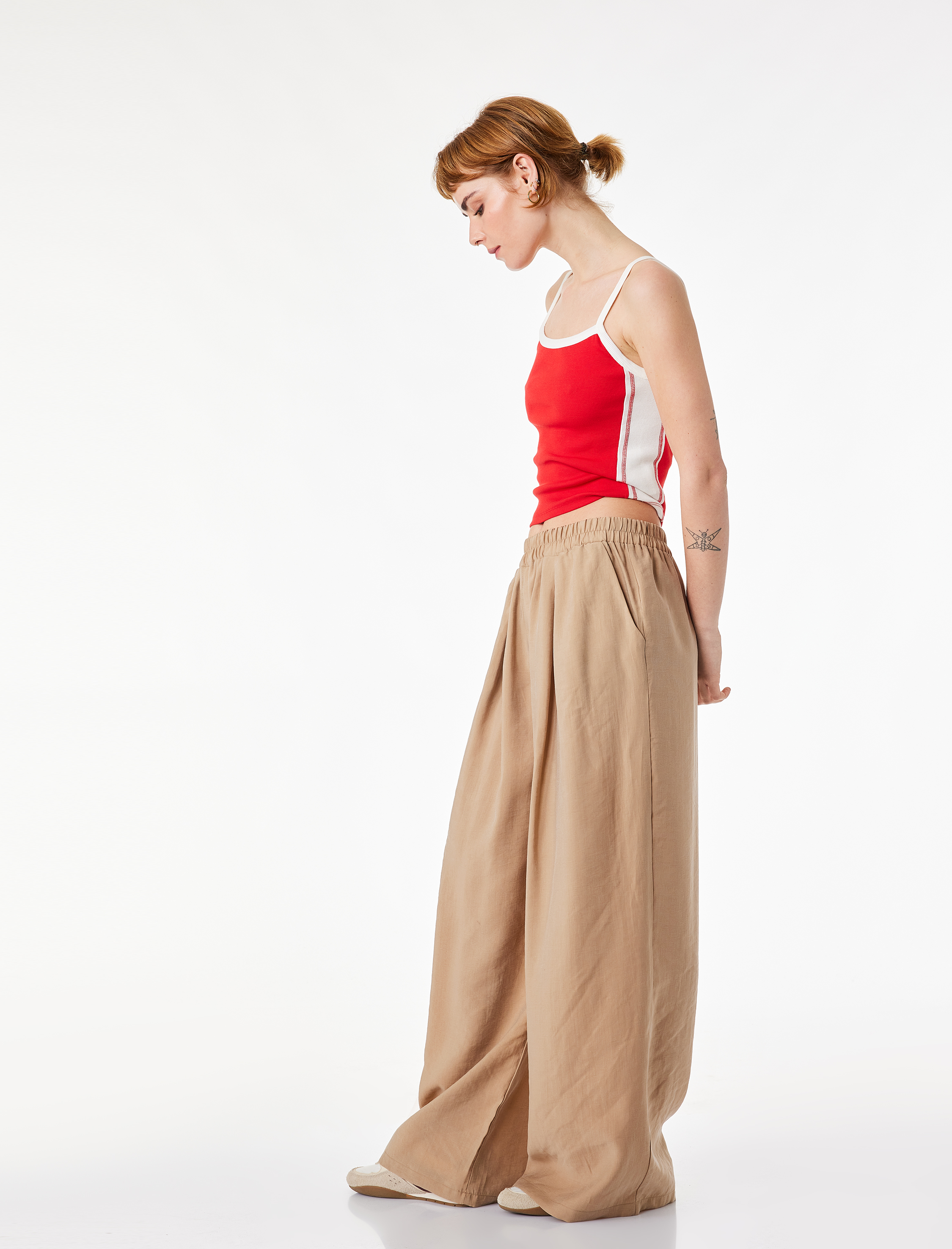   Beli Lastikli Cepli Rahat Kalıp Pileli Geniş Paça Pantolon