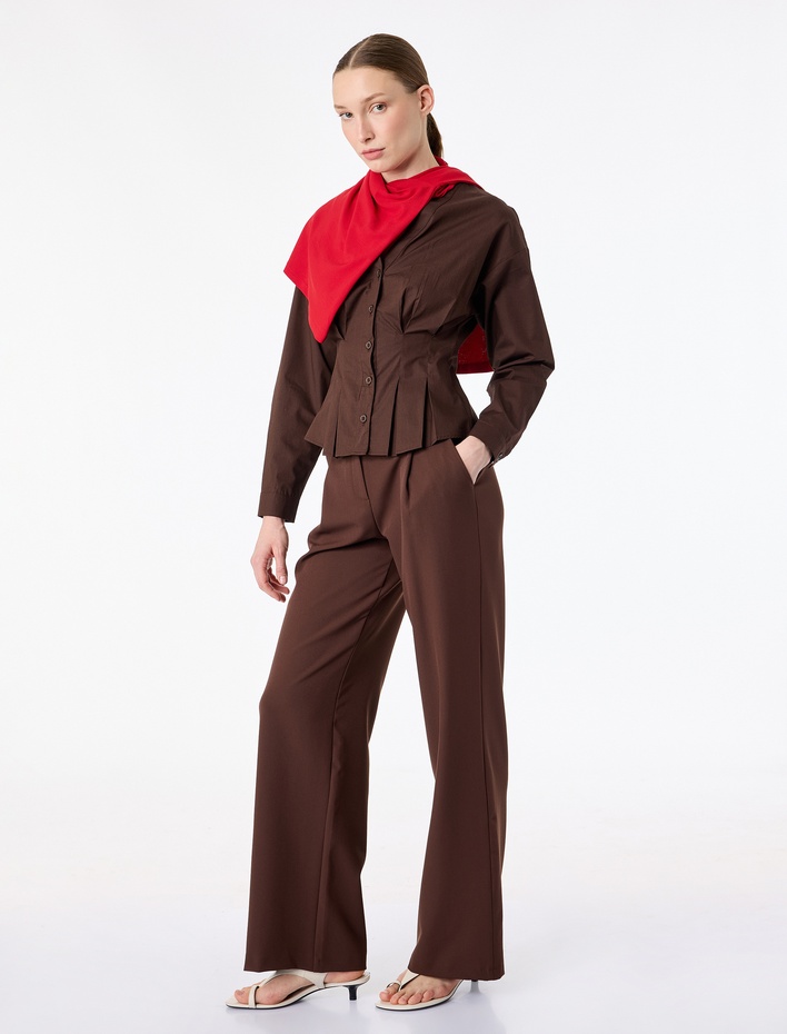  Cep Detaylı Yüksek Bel Pileli Palazzo Pantolon