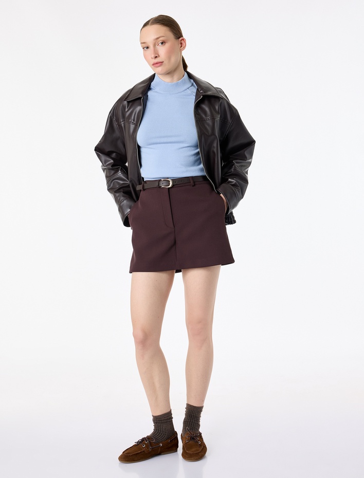  Kemer Detaylı Mini Şort Etek