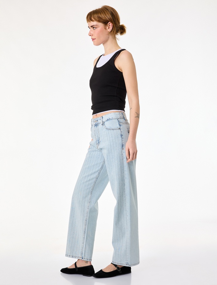  Normal Bel Düz Paça Düğmeli Cepli Taşlı Denim Pantolon - Straight Jeans