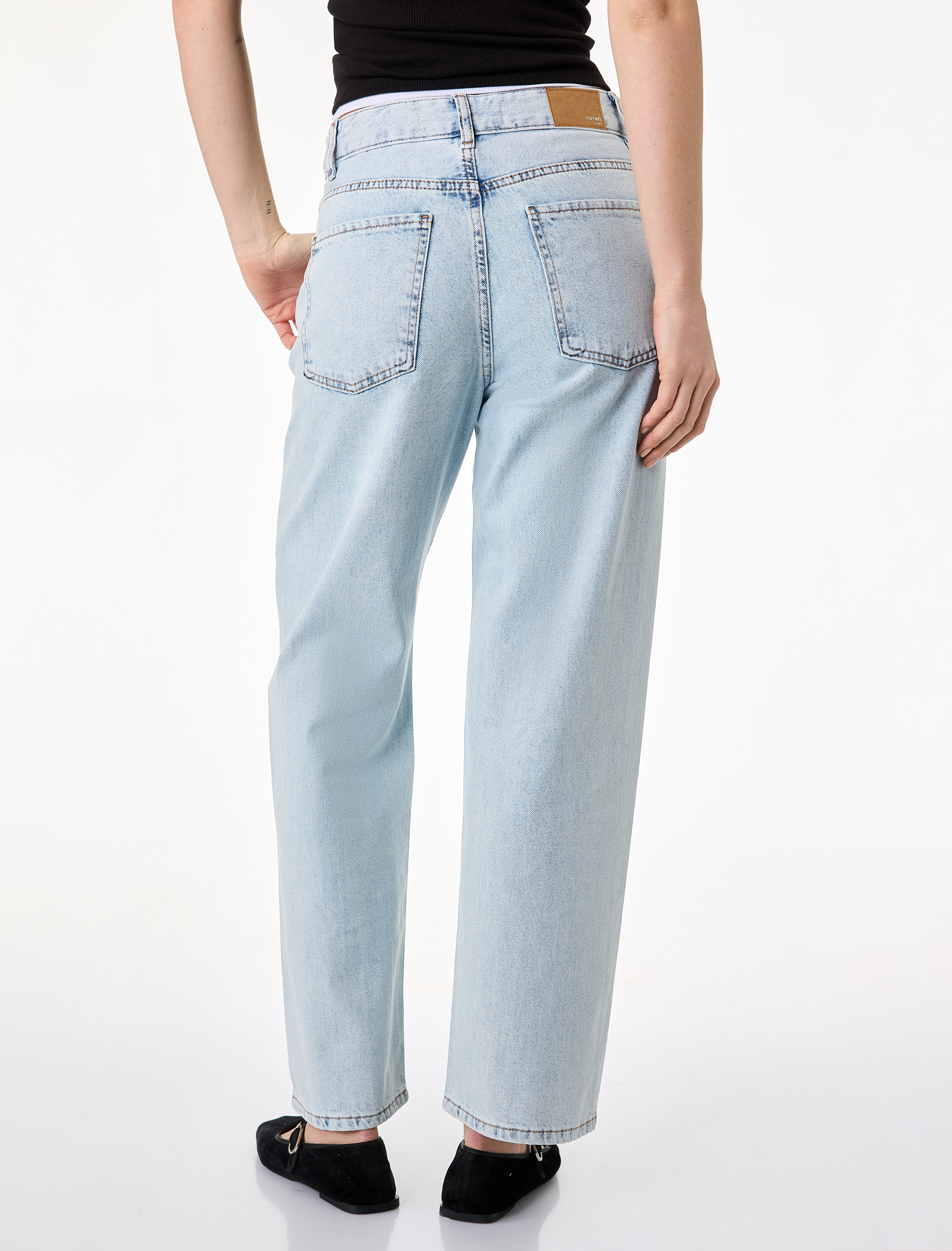   Normal Bel Düz Paça Düğmeli Cepli Taşlı Denim Pantolon - Straight Jeans