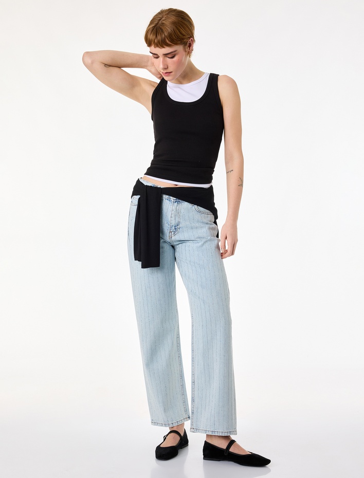  Normal Bel Düz Paça Düğmeli Cepli Taşlı Denim Pantolon - Straight Jeans