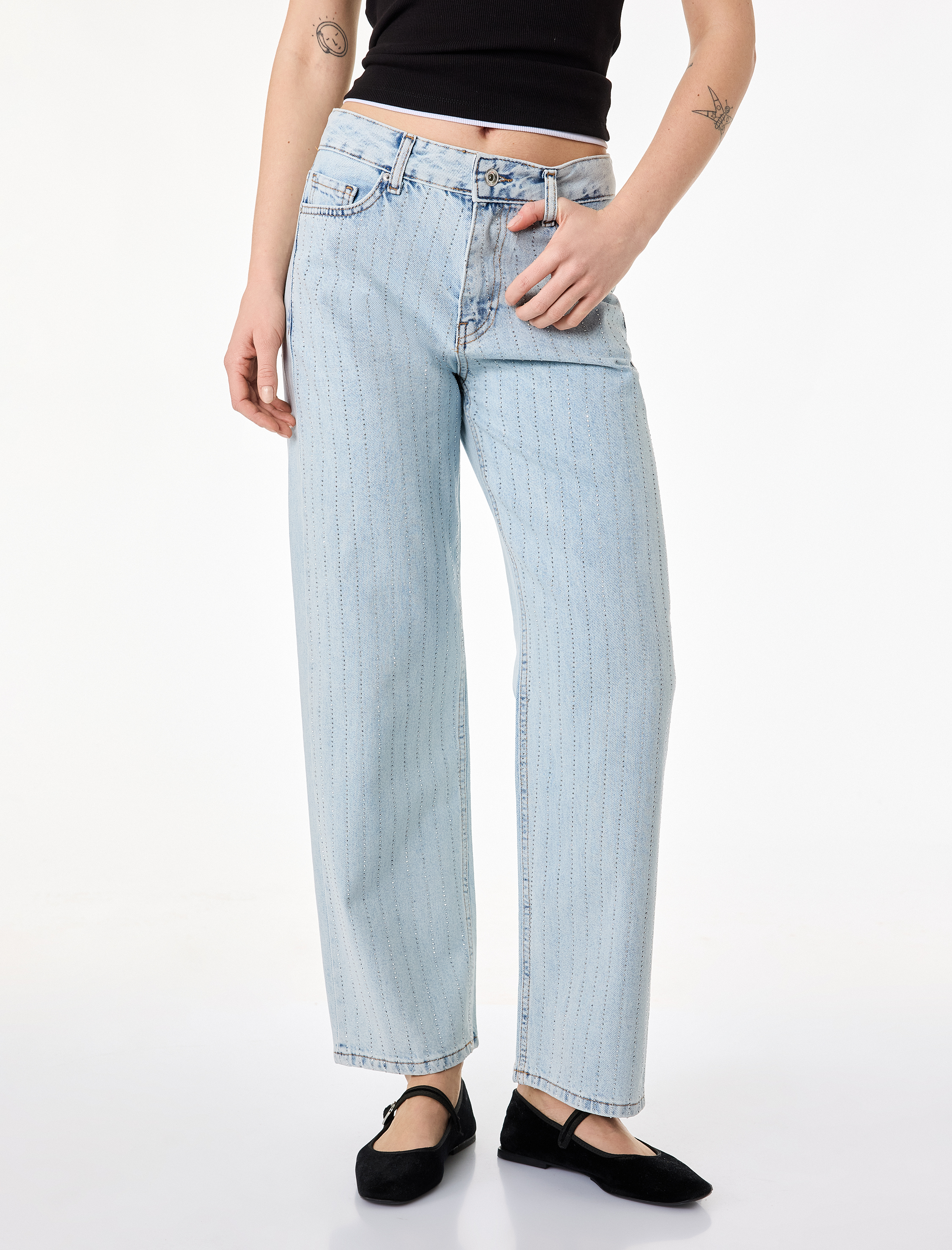   Normal Bel Düz Paça Düğmeli Cepli Taşlı Denim Pantolon - Straight Jeans