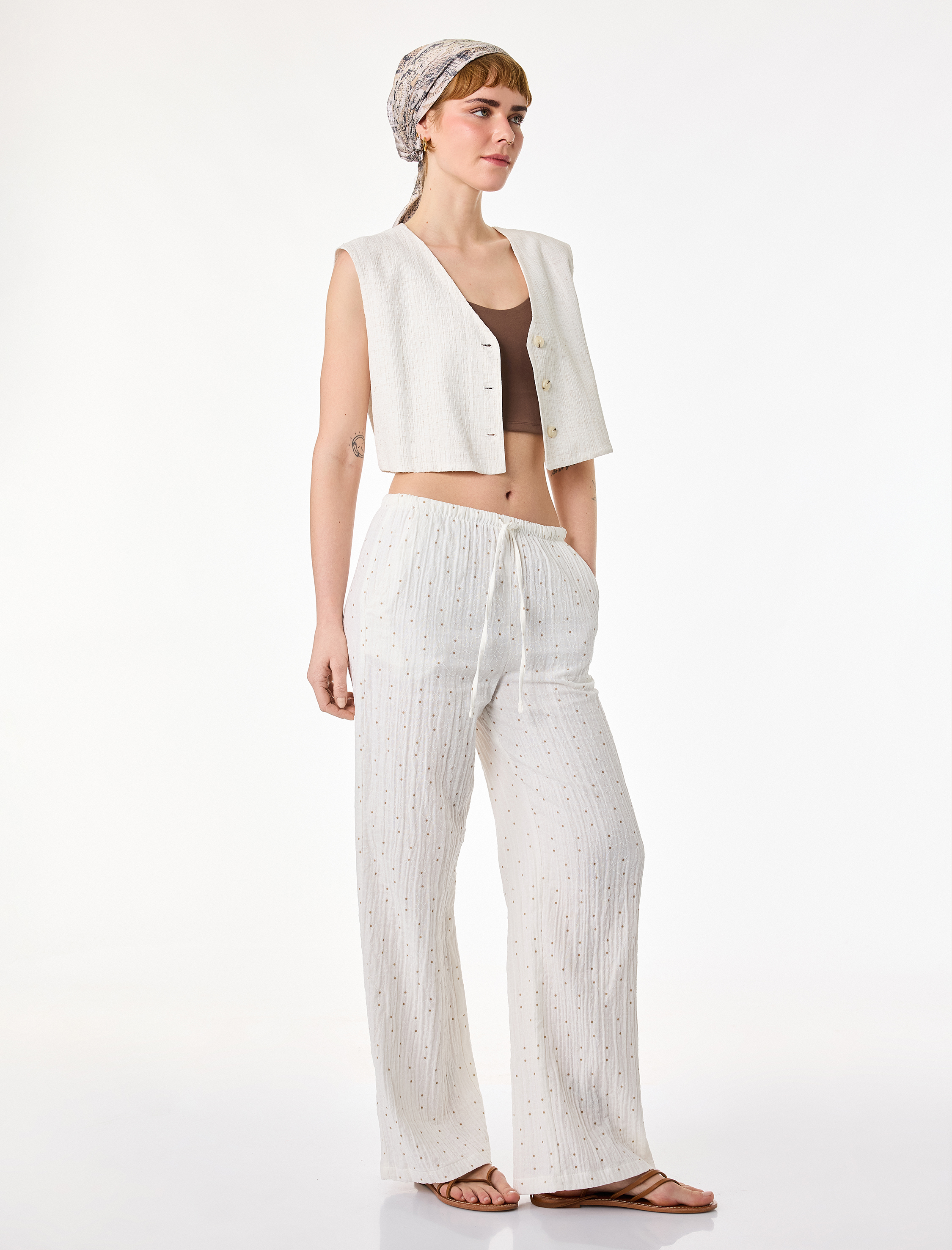   Puantiyeli Beli Bağcıklı Rahat Kalıp Geniş Paça Müslin Pantolon