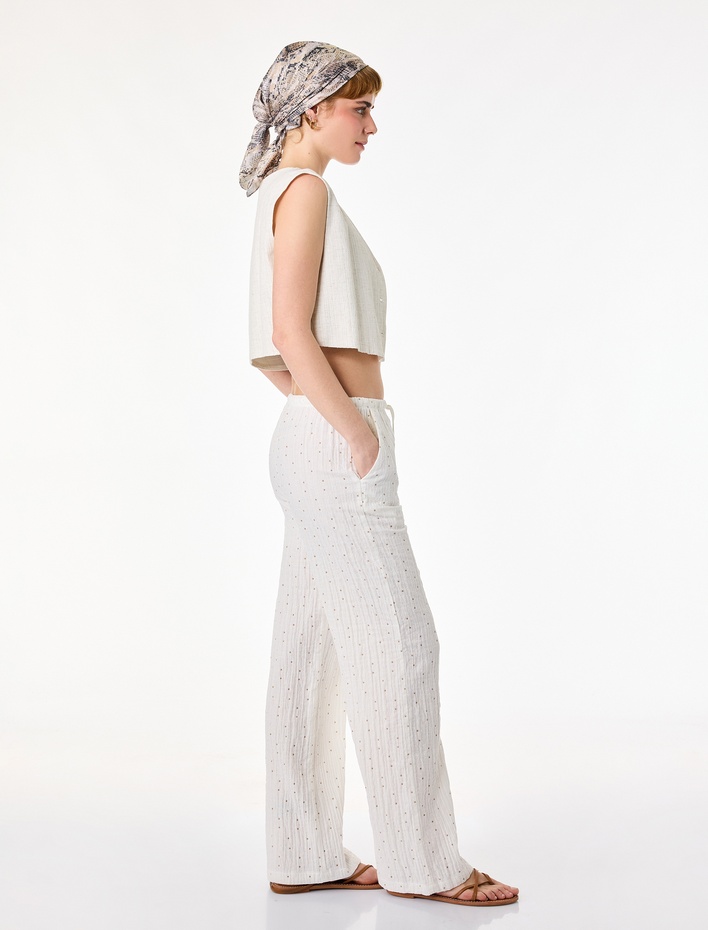  Puantiyeli Beli Bağcıklı Rahat Kalıp Geniş Paça Müslin Pantolon