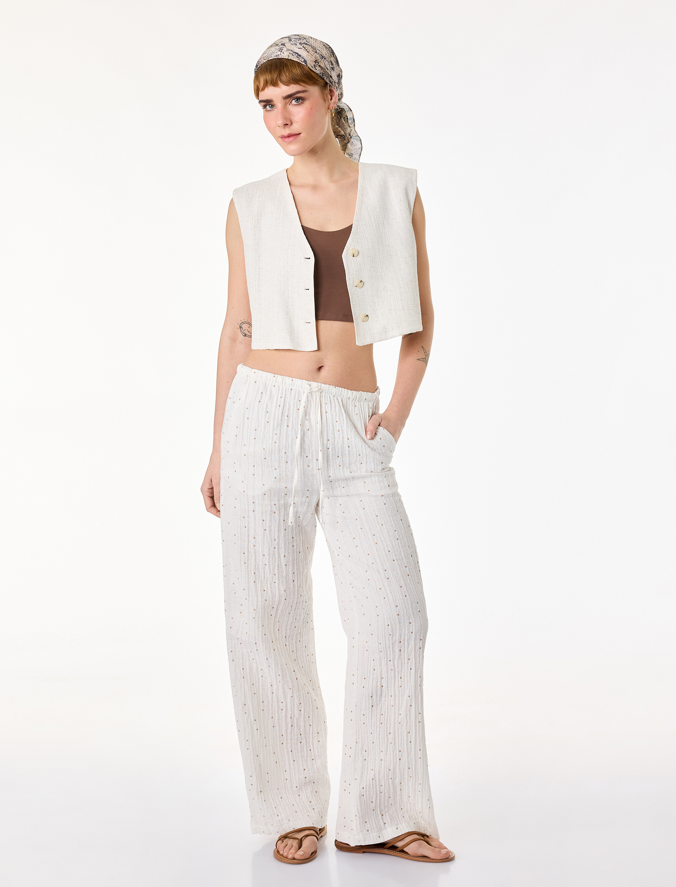   Puantiyeli Beli Bağcıklı Rahat Kalıp Geniş Paça Müslin Pantolon