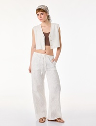 Puantiyeli Beli Bağcıklı Rahat Kalıp Geniş Paça Müslin Pantolon